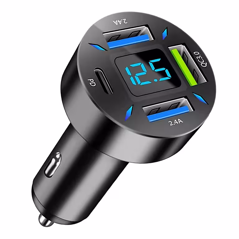 Caricatore Auto con Voltmetro Digitale, USB Type-C PD e Quick Charge 3.0 – Ricarica Rapida da Accendisigari 12-24V