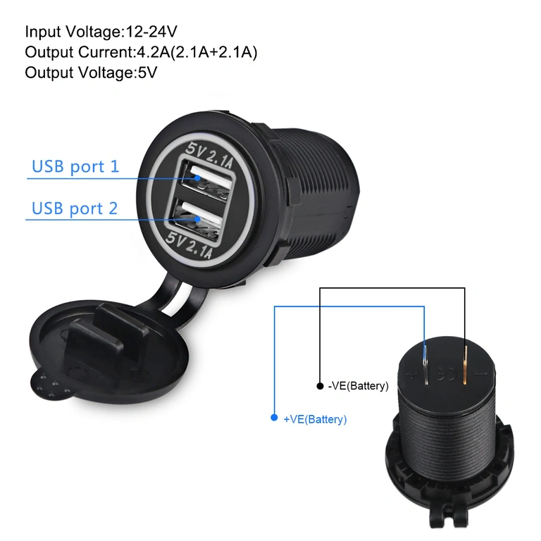 Adattatore accendisigari auto con doppia porta USB, 12–24V, montaggio universale