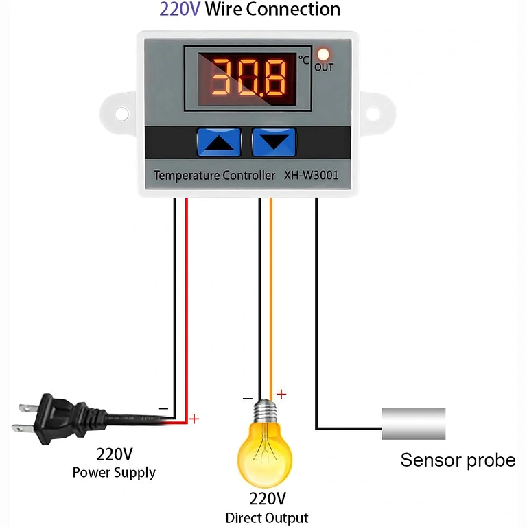 Schema montaggio termostato digitale XH-W3001 con alimentazione 220V AC e relè