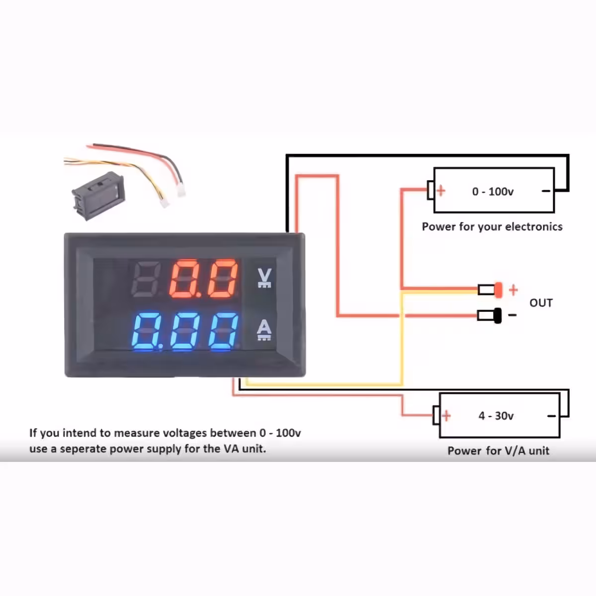 Schema di montaggio per voltmetro e amperometro con alimentazione separata 0–100V