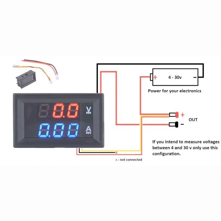 Schema collegamento voltmetro 4–30V Schema di montaggio per voltmetro e amperometro con alimentazione comune 4–30V