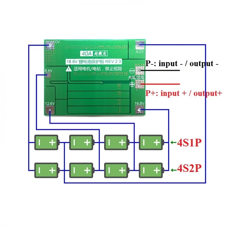 Schema elettrico montaggio modulo BMS 4S 40A batterie Li-ion