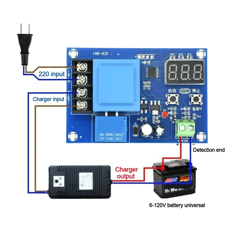 Schema collegamento modulo XH-M602 con relè e alimentazione