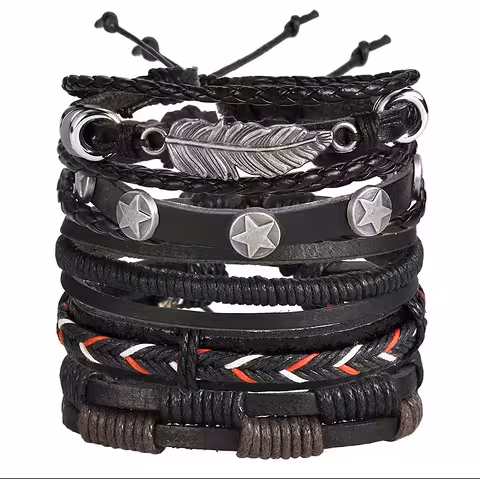 Set 5 Bracciali Uomo in Pelle Naturale – Fatto a Mano, Regolabili, Eleganti, Nuovi Modelli Luxury