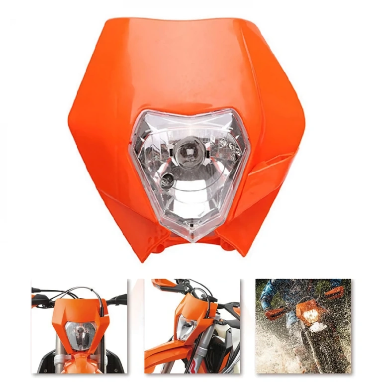 Mascherina arancione universale con faro per moto Maschera frontale Enduro con doppio faro e montaggio antivibrazione