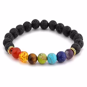 Bracciale in pietra lavica naturale con 7 Chakra – Agata, Ametista, Ambra, Lapislazzuli, Occhio di Tigre