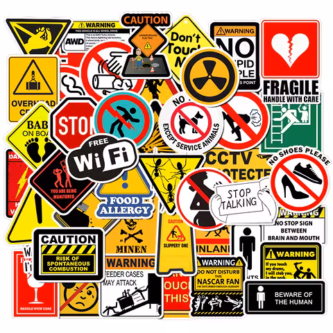 Adesivi divertenti di avvertimento per auto, moto, laptop, skateboard – set 50 pezzi resistenti e impermeabili
