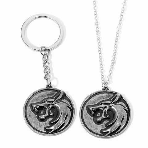 Set collana e portachiavi The Witcher – medaglione testa di lupo argentato antichizzato, regalo per fan The Witcher