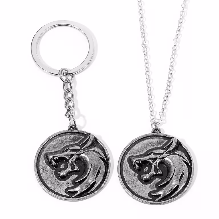 Set collana e portachiavi The Witcher – medaglione testa di lupo argentato antichizzato, regalo per fan The Witcher