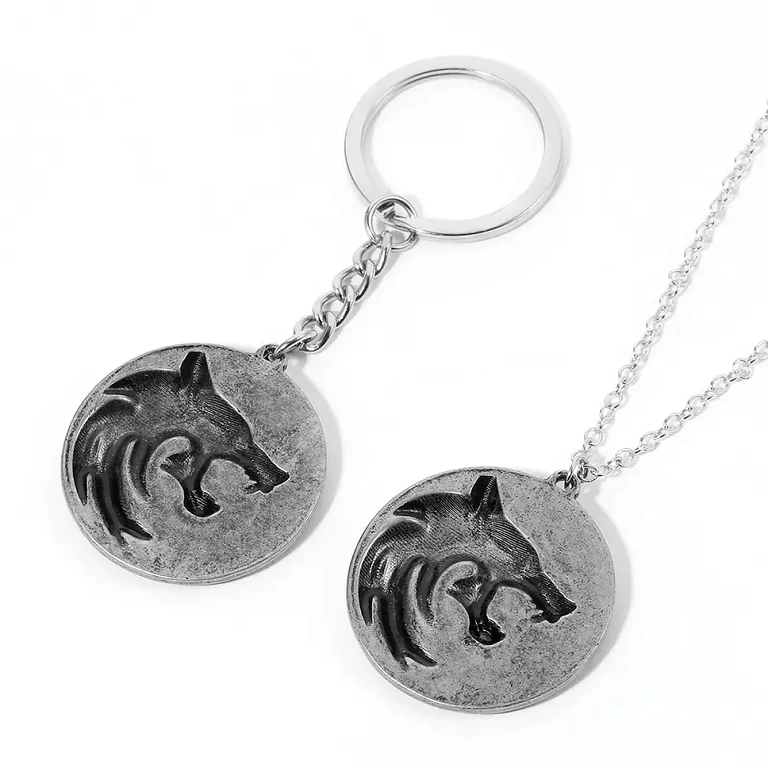 Medaglioni argento con simbolo lupo The Witcher – collana + portachiavi
