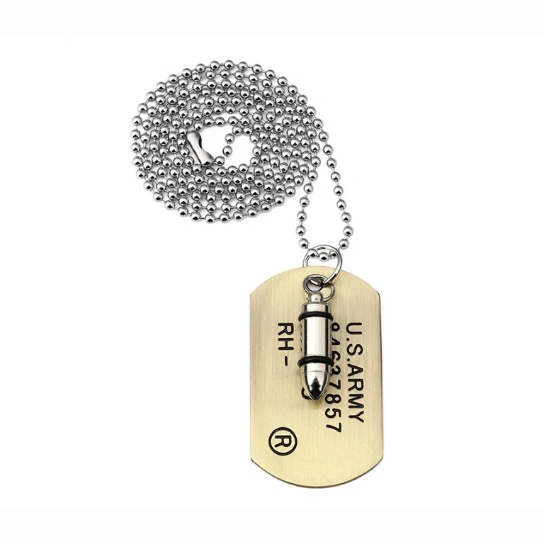 Catena lunga 70 cm con pendente proiettile e dog tag metallica