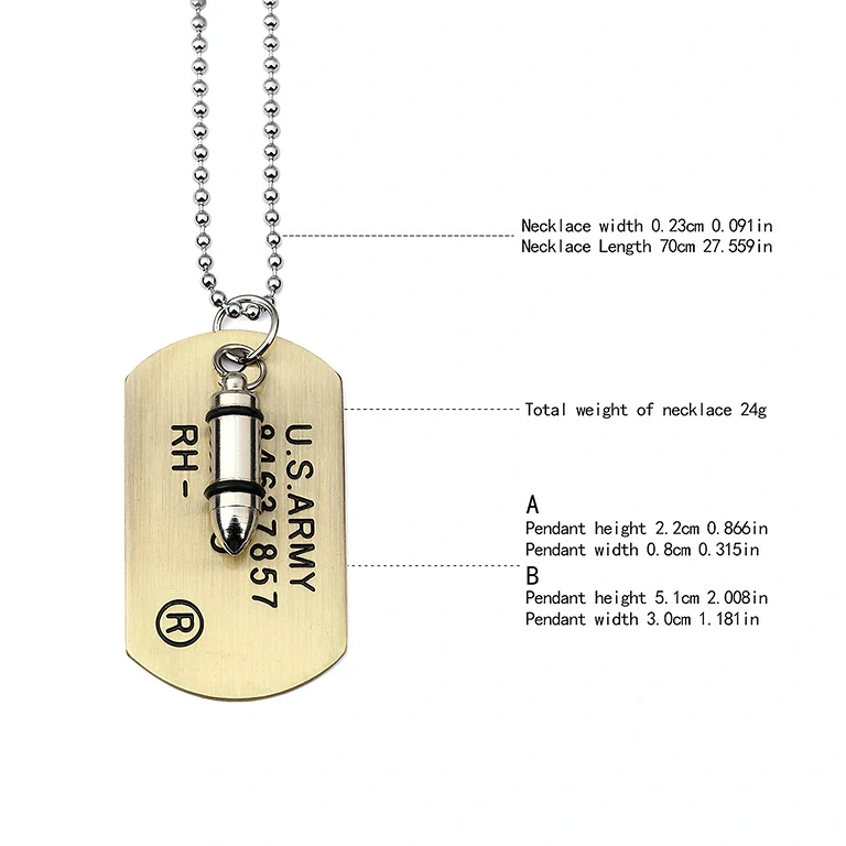 Collana tattica ispirata a equipaggiamento militare, con dog tag e proiettile