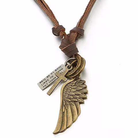 Collana in pelle con pendente ala d’angelo e crocetta per uomo – lunghezza regolabile 40–80 cm