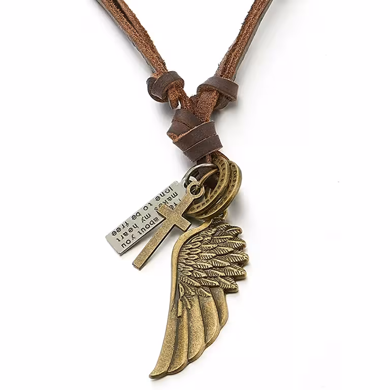Collana in pelle con pendente ala d’angelo e crocetta per uomo – lunghezza regolabile 40–80 cm