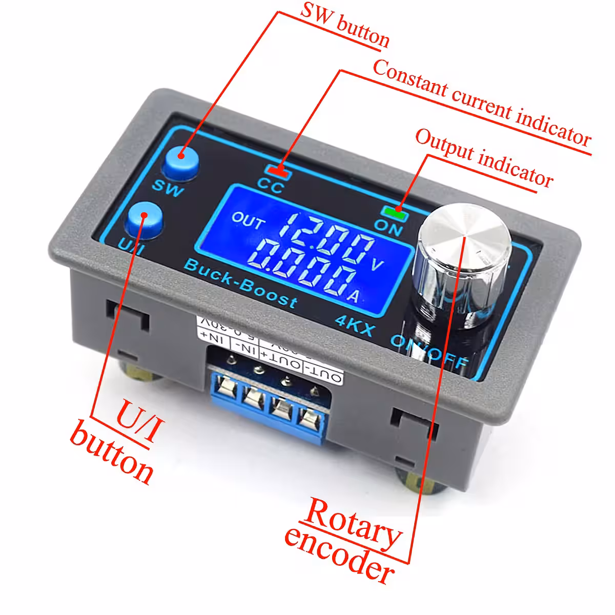 Alimentatore DC regolabile con display digitale per tensione e corrente, dimensioni compatte