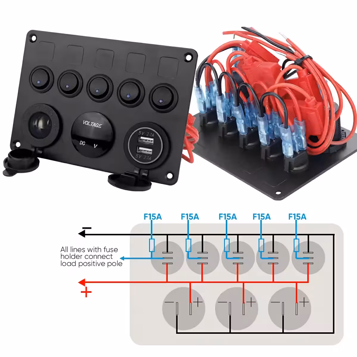 Pannello auto con presa 12V per accendisigari, interruttori on/off e voltmetro, per auto e altri veicoli
