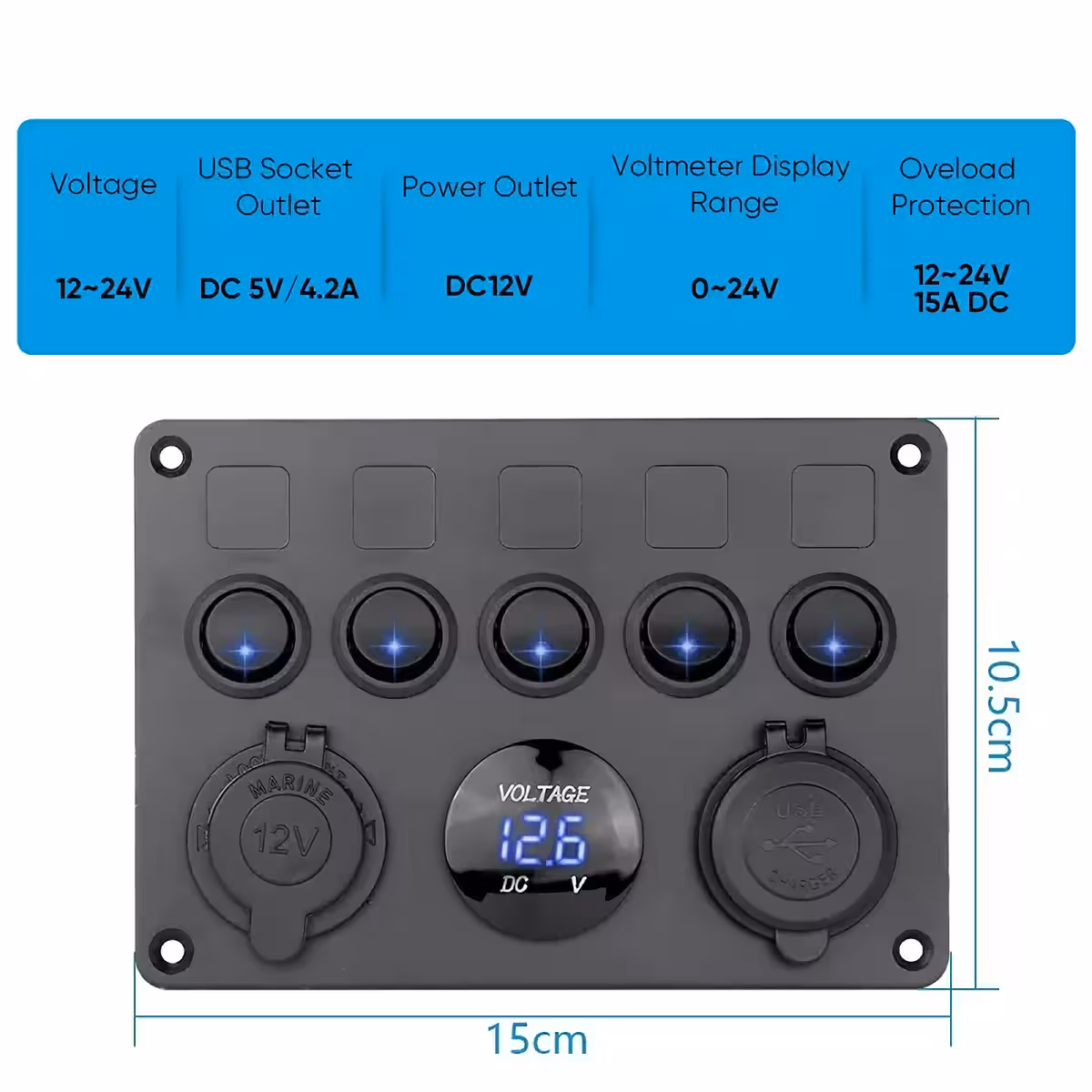 Pannello con interruttori on/off con LED, doppio caricatore USB e voltmetro, ideale per auto e macchinari