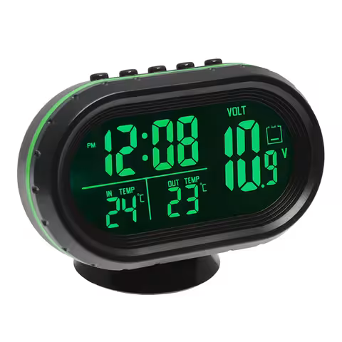 Orologio auto con voltmetro e termometro digitale – Interno/esterno, con sonda, 12V/24V