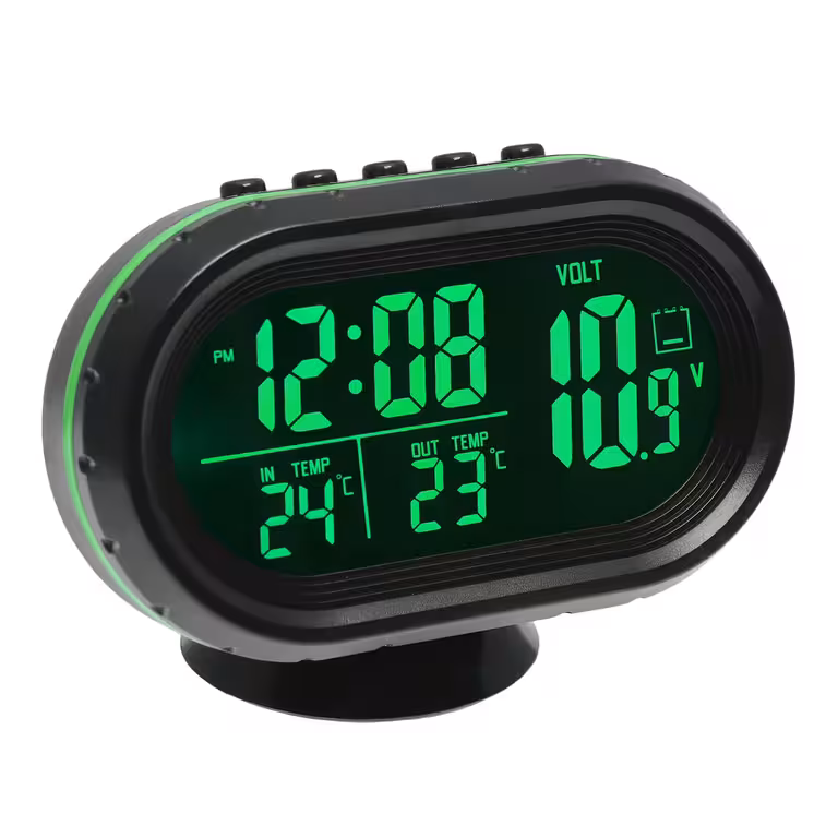 Orologio auto con voltmetro e termometro digitale – Interno/esterno, con sonda, 12V/24V