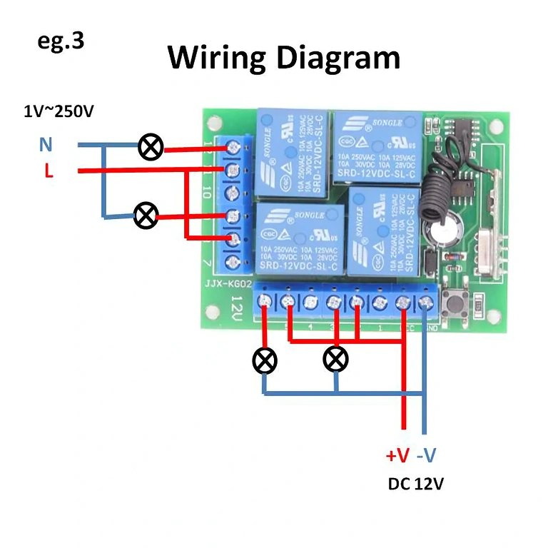 Montaggio telecomando relè 4 canali Schema montaggio telecomando e modulo relè 4 canali