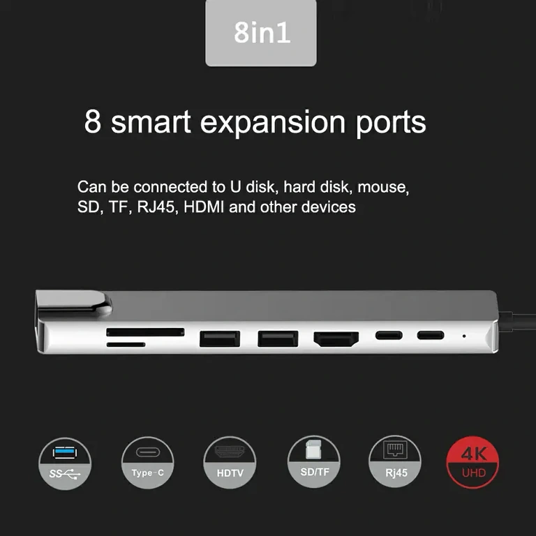 Docking station 8 in 1 con HDMI, RJ45, USB e lettore schede