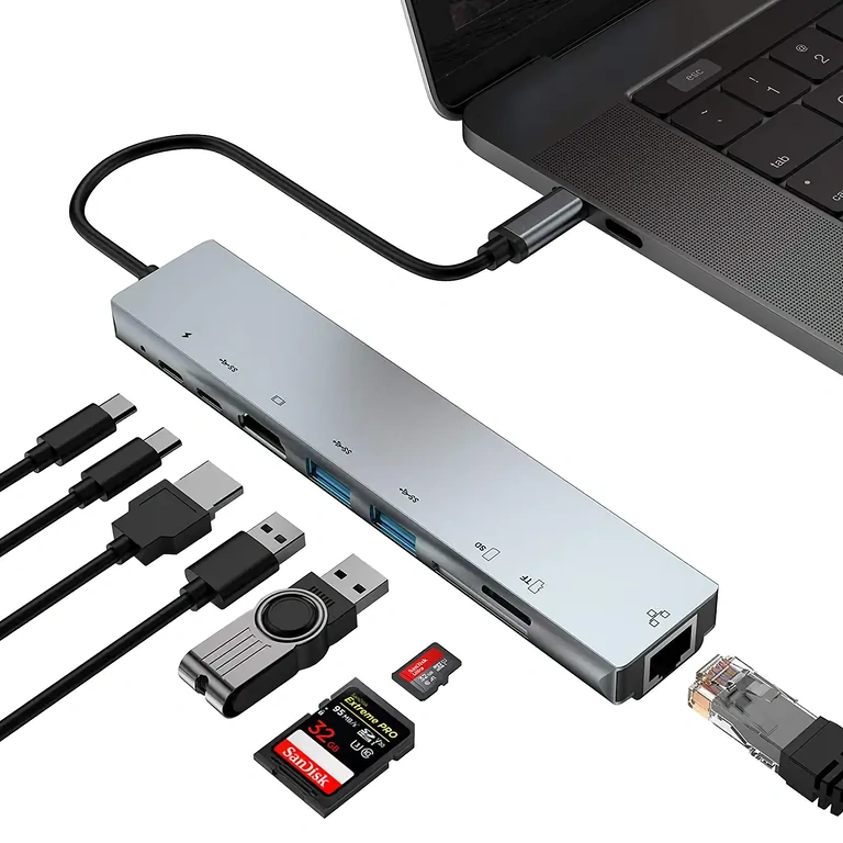 Adattatore USB-C con HDMI, RJ45, USB e lettore di schede per laptop