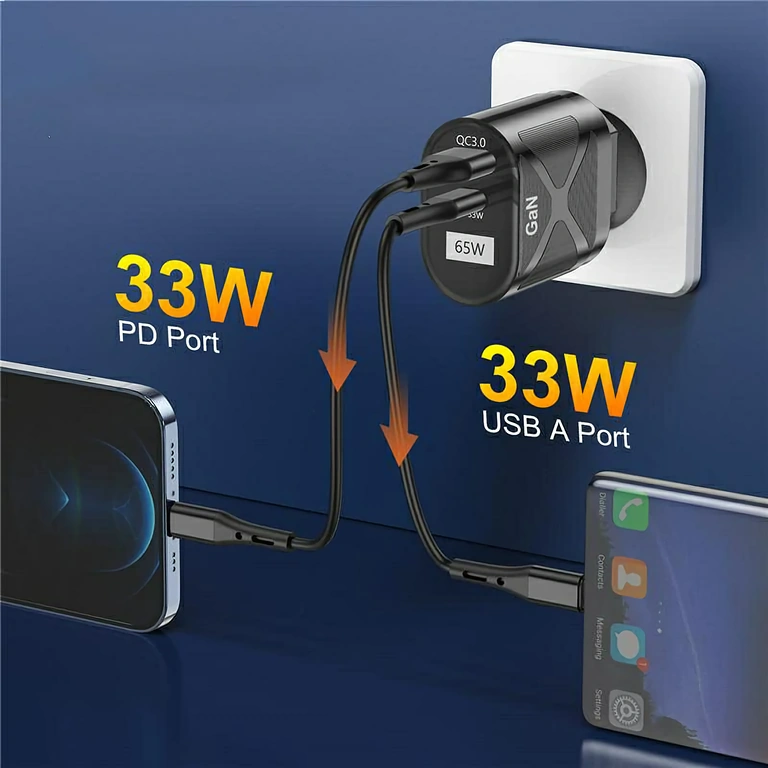 Caricatore GaN compatto con porte USB-C e USB-A, ideale per viaggi