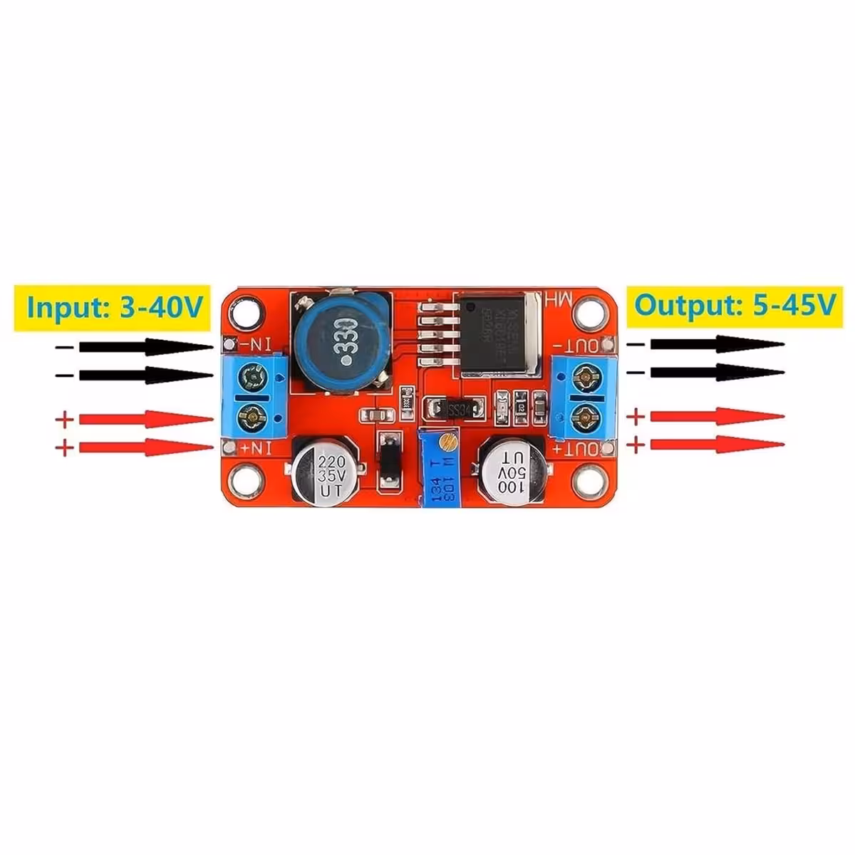 Diagramma di collegamento del modulo XL6019 DC-DC Boost Converter, mostrando ingressi e uscite per un’installazione semplice
