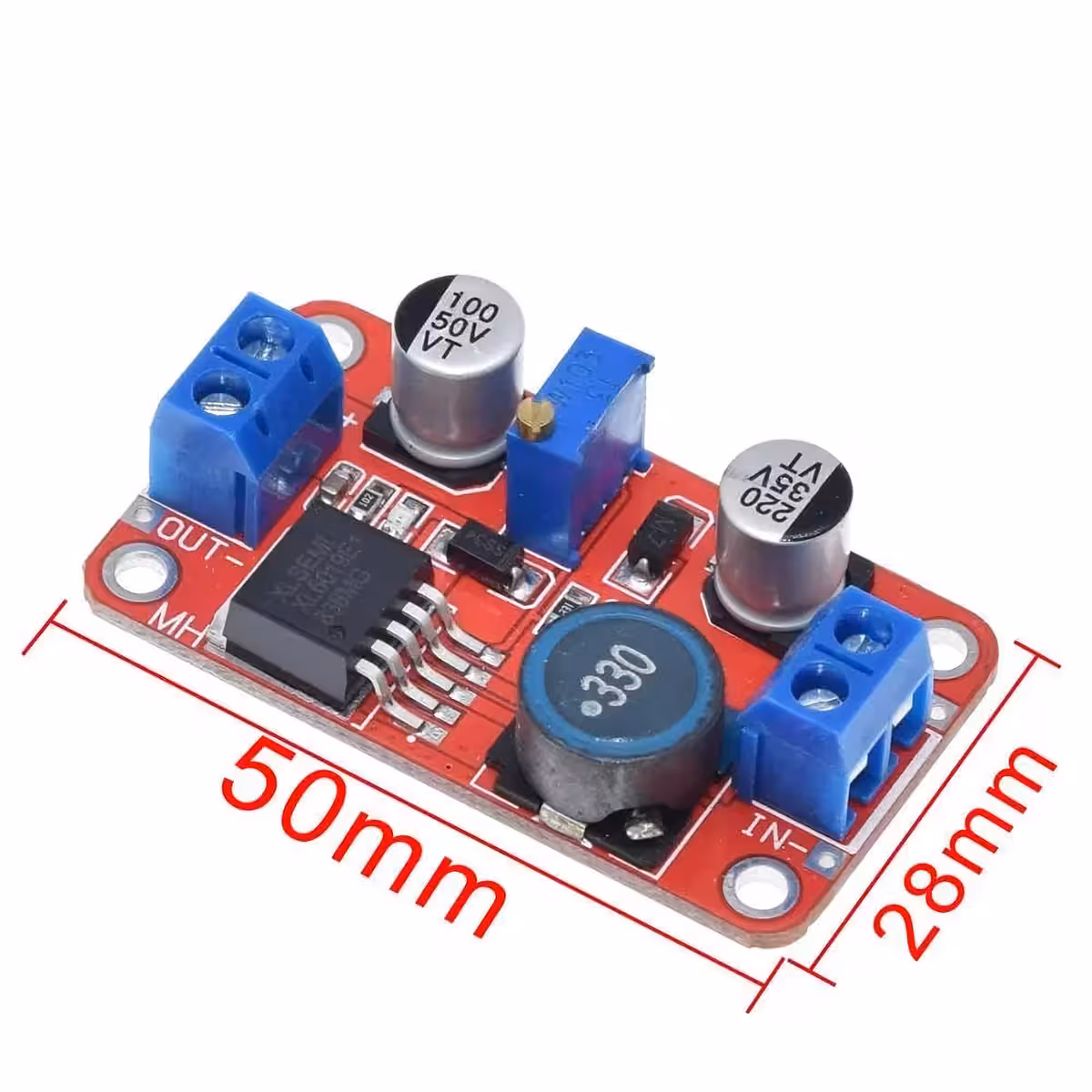 Dimensioni modulo XL6019 DC-DC Boost Converter: 50mm x 28mm x 13mm, perfetto per integrazione in vari progetti