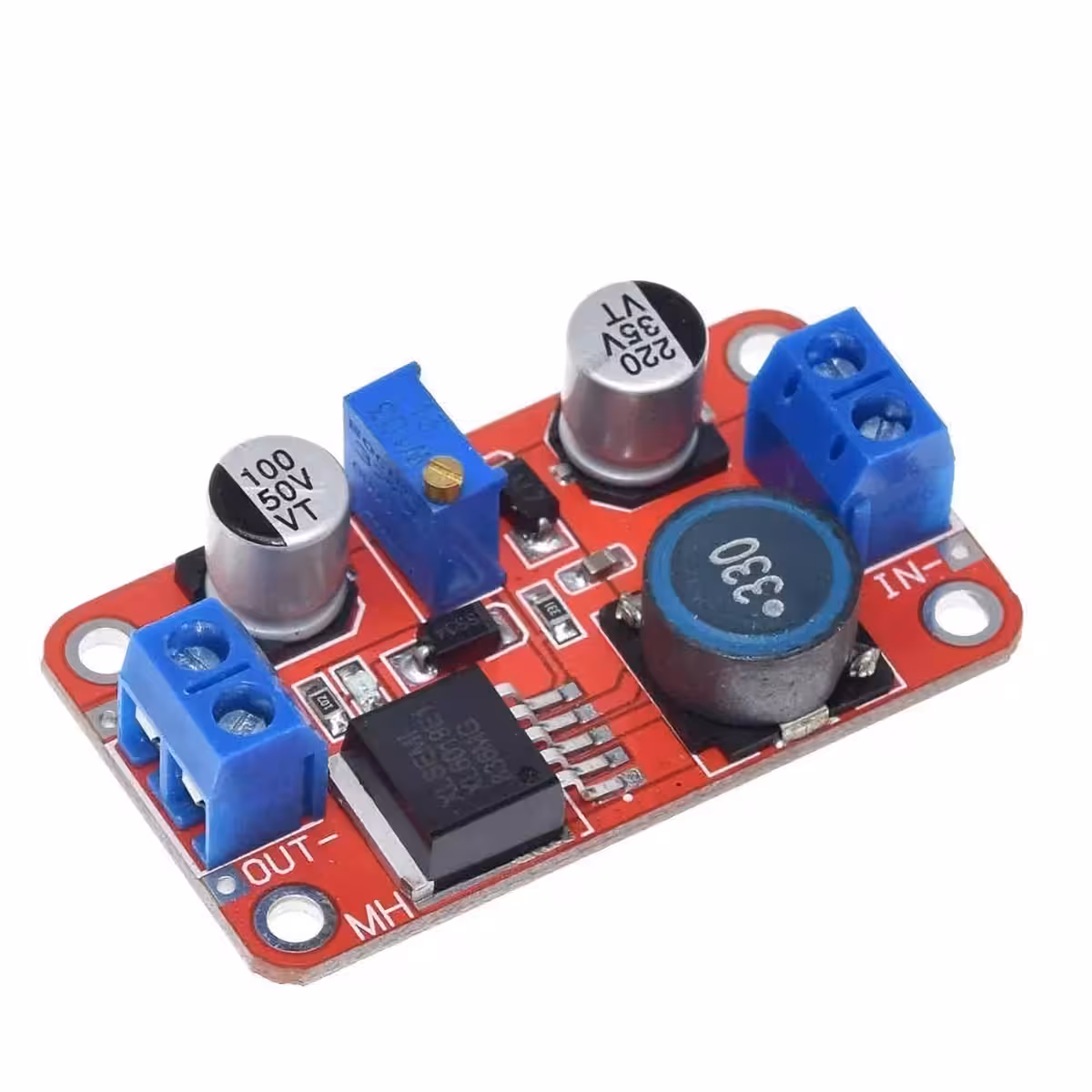 Modulo XL6019 DC-DC Boost Converter visto dall’angolo laterale