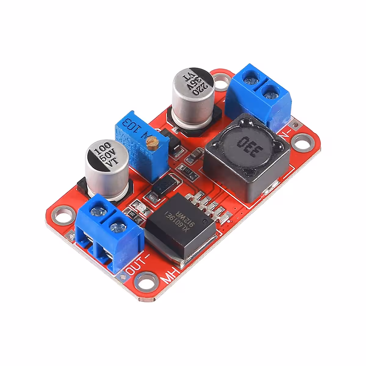 Modulo XL6019 DC-DC Boost Converter visto lateralmente, offrendo un’altra prospettiva su dimensioni e struttura