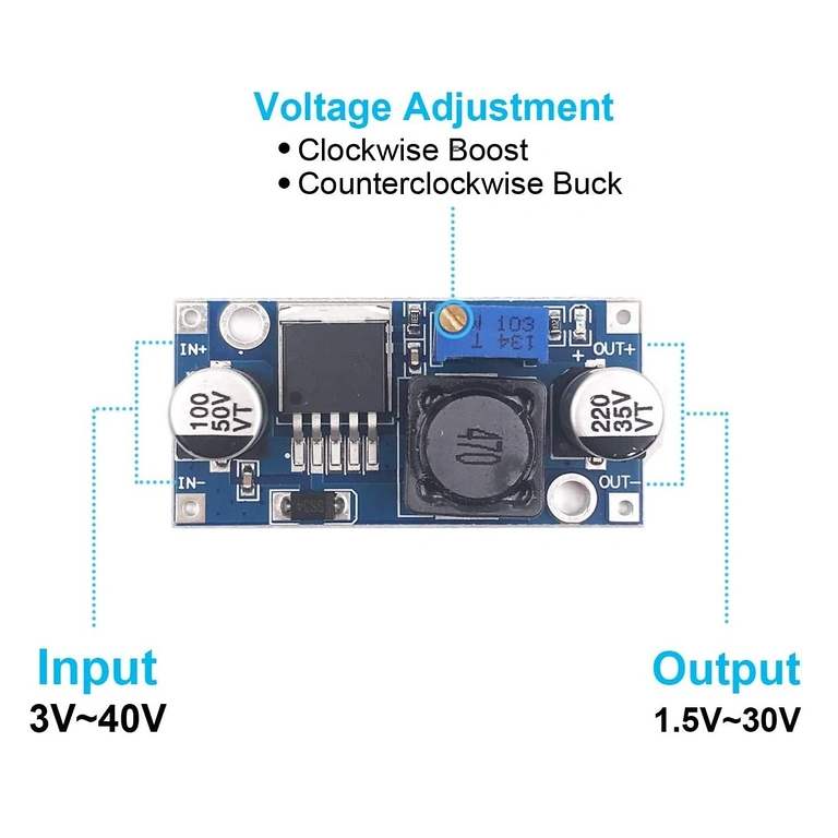Esempio collegamento LM2596S – ingresso 4-35V, uscita 1.23-30V Diagramma collegamento modulo LM2596S DC-DC step-down con regolazione tensione 1.25–35V