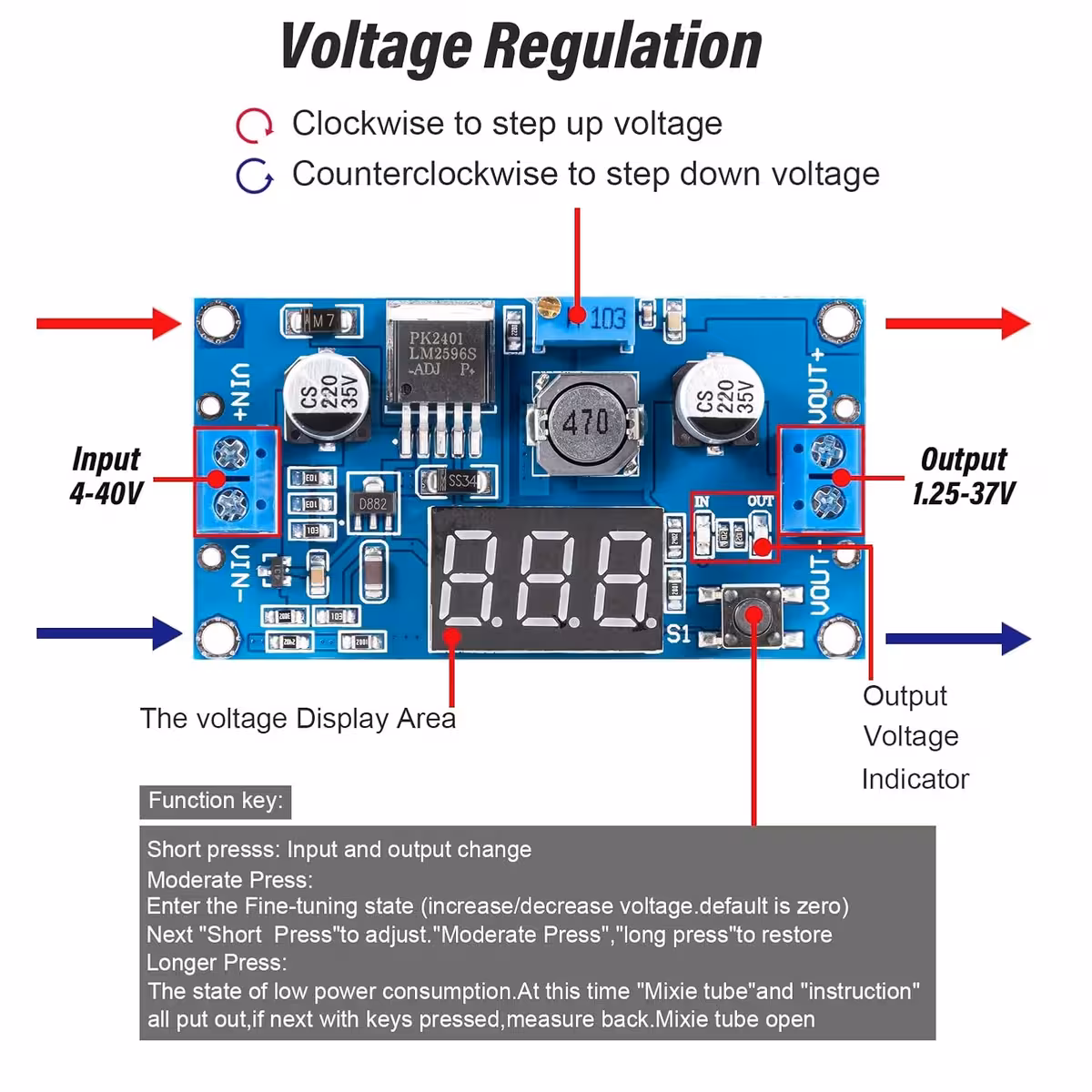 Esempio collegamento ingresso e uscita sul modulo LM2596