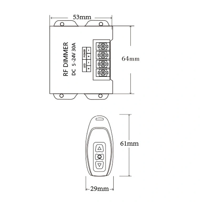 Immagine con dimensioni esatte del dimmer per striscia LED 5V 12V 24V 30A