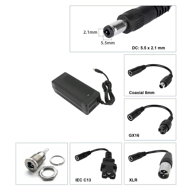 Caricatore con presa DC 5.5×2.1 mm Caricabatterie 36V–42V 3A con connettore DC 5.5×2.1 mm, compatibile con monopattini e biciclette elettriche