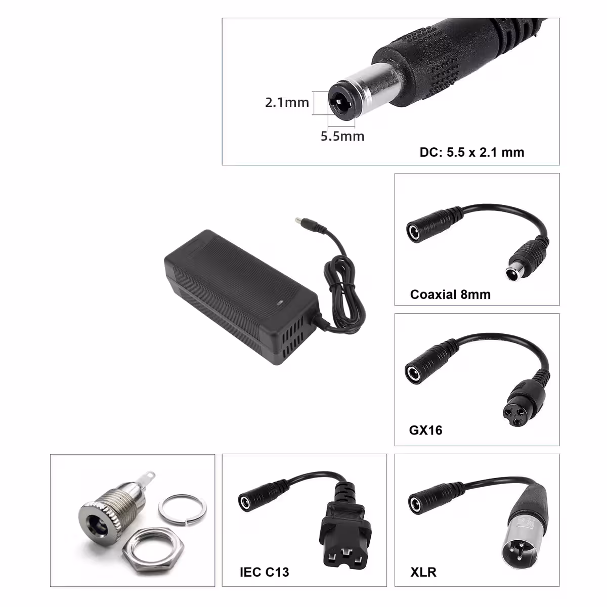 Caricabatterie 36V–42V 3A con connettore DC 5.5×2.1 mm, compatibile con monopattini e biciclette elettriche