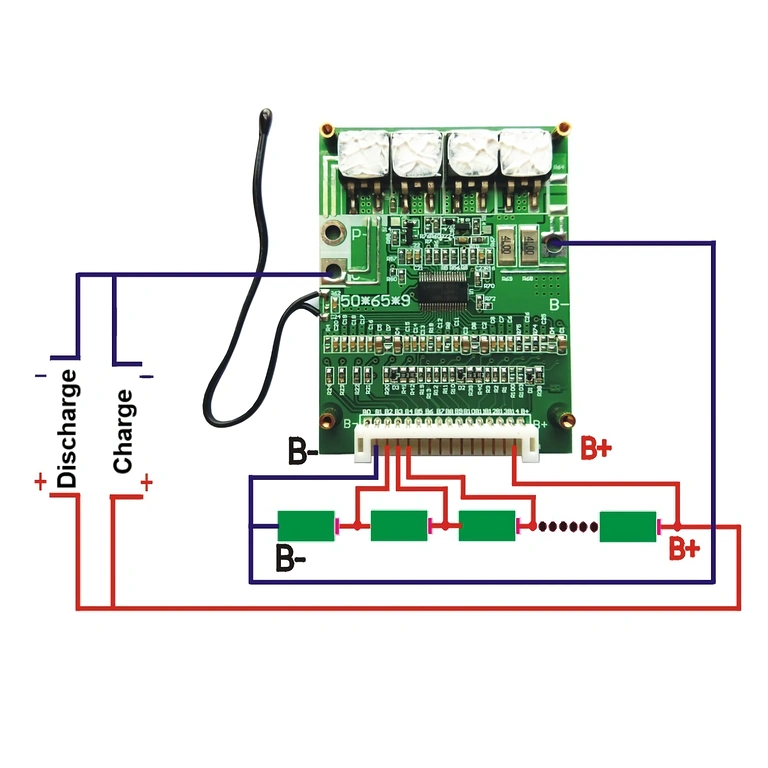 Schema elettrico per collegamento BMS 14S 52V alle celle Li-Ion