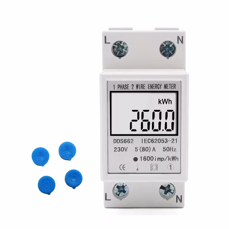 Contatore elettrico monofase passante con display digitale per monitoraggio consumo energetico, montaggio su guida DIN