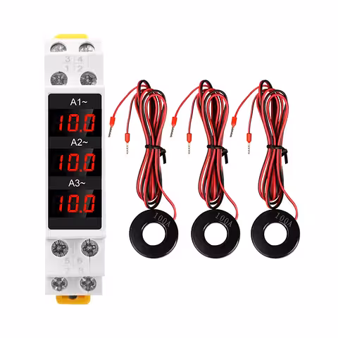 Amperometro Digitale Trifase per Quadro Elettrico – Misurazione Corrente 1-100A, Montaggio su Binario DIN