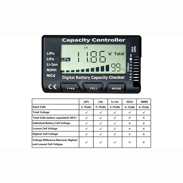 Tester digitale 2-7S Li-Ion, LiPo, LiFe ad alta precisione