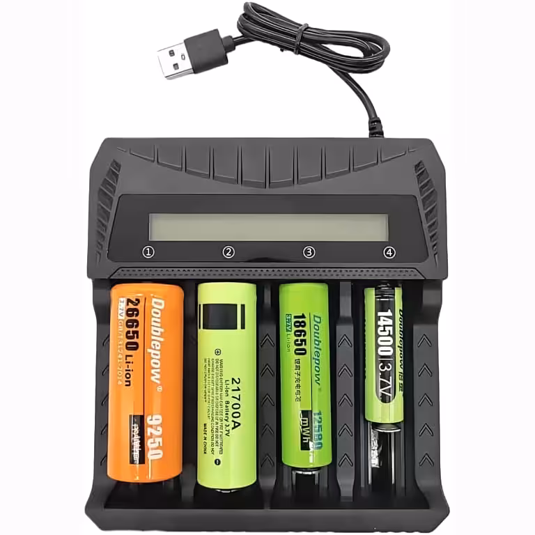 Caricabatterie Universale 18650 – Caricabatterie Batterie Li-ion AA AAA 3,7V, 4 Slot, Display LCD e Alimentazione USB-C