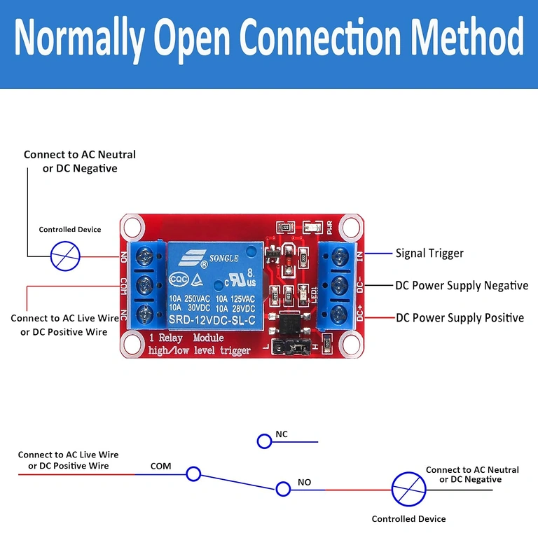 Schema modulo relè per connessione NO (Normalmente Aperto) a carichi AC e DC
