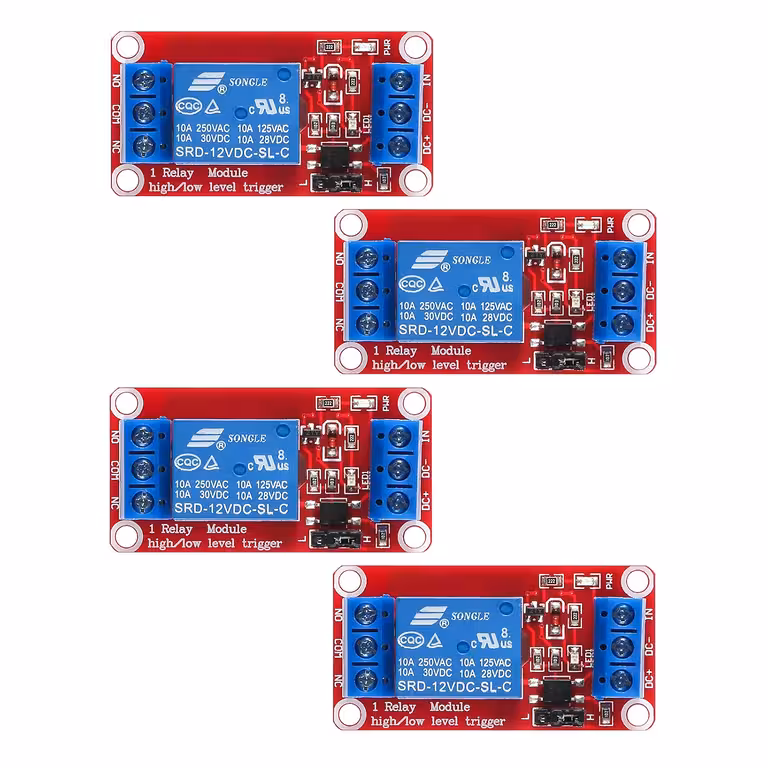 Set 4 Pezzi: Relè di Comando 5V / 12V con Optoisolatore – Modulo 1 Canale, NC/NO, Trigger High/Low, 10A