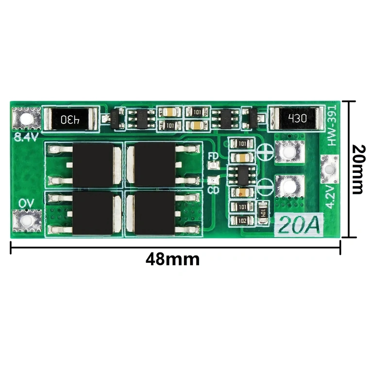 Immagine dimensioni esatte modulo BMS 2S 20A 7.4V, utile per verifica compatibilità nei progetti