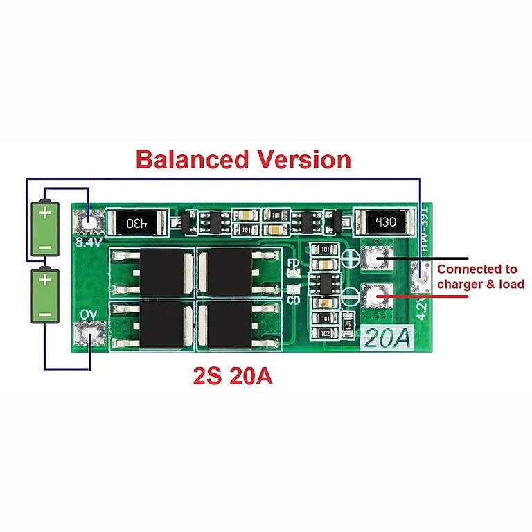 Schema dettagliato collegamento modulo BMS 2S 20A 7.4V con bilanciamento, mostrando collegamenti batterie e uscite