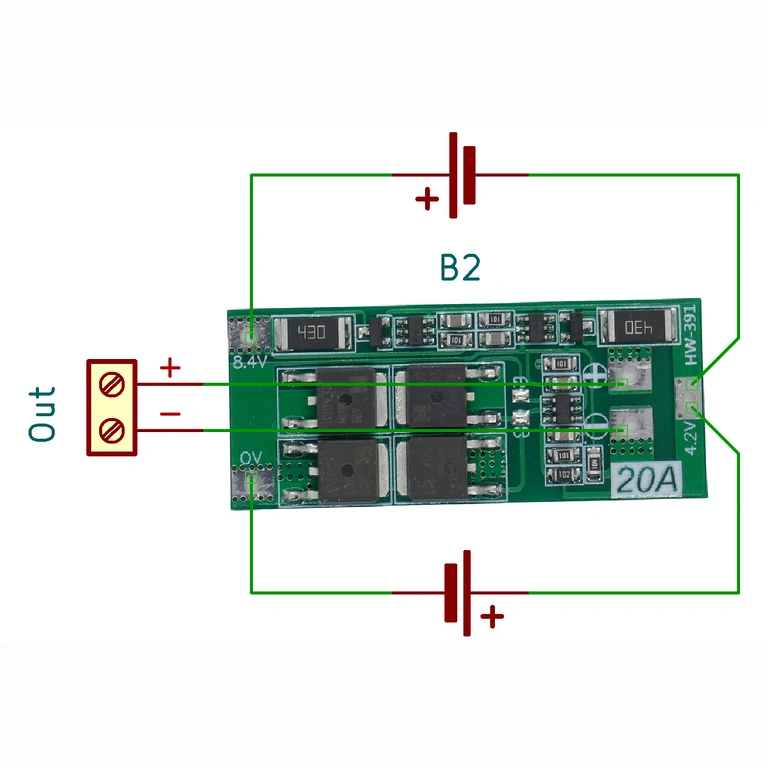 Diagramma elettrico modulo BMS 2S 20A con bilanciamento, utile per corretta installazione in pacchi Li-ion