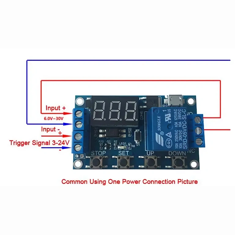 Diagramma elettrico ingressi e uscite modulo relè ritardo 6–30V