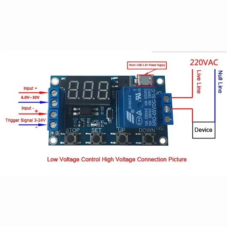 Istruzioni visive connessioni modulo relè 6–30V con timer regolabile