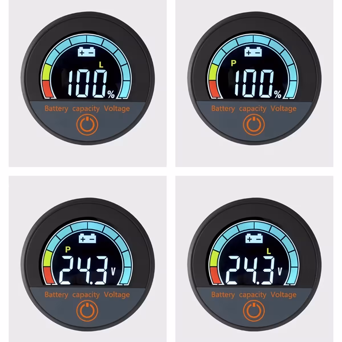 Primo piano dello schermo LCD a colori dell’indicatore digitale, display tensione e percentuale batteria, Li-ion e LiFePO4 12V–72V