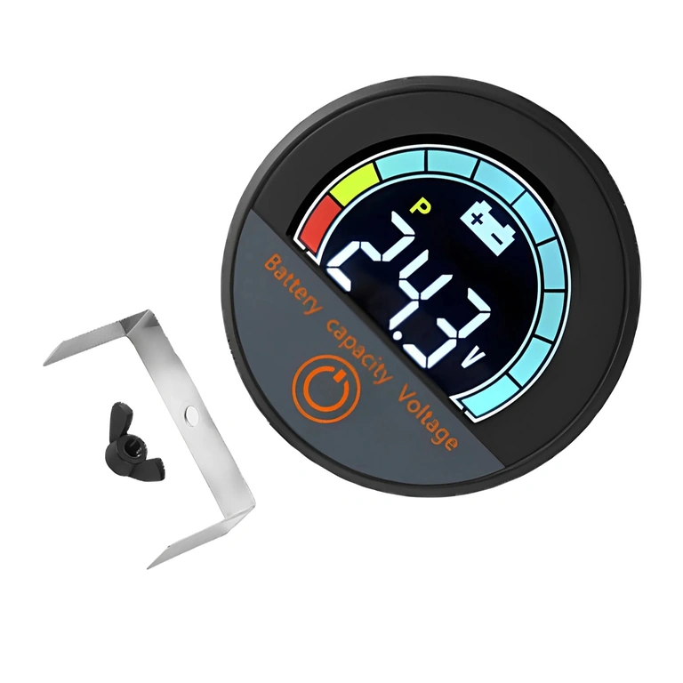 Vista frontale del modulo digitale con display percentuale batteria e voltmetro, Li-ion e LiFePO4, 12V–72V, per bici, monopattino e scooter elettrico